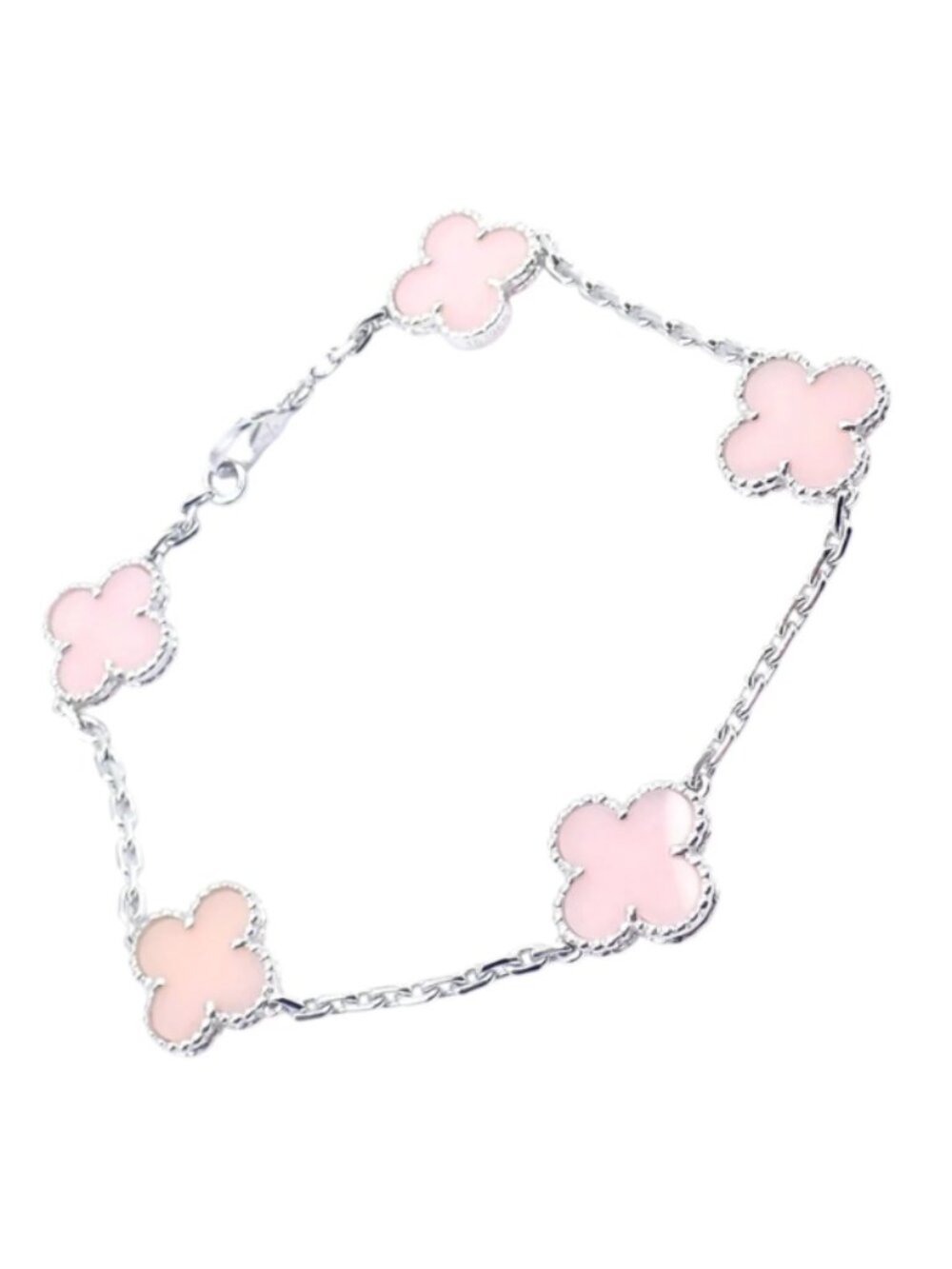 Authentic! Van Cleef & Arpels Alhambra 18k White Gold Pink Opal Bracelet Cer.